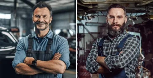 Vergleich zweier Mechatroniker - links ein AI-generiertes Bild, rechts ein echtes Foto