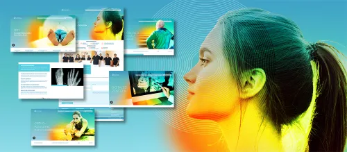Porträt einer Frau mit Pferdeschwanz im Profil vor mehreren überlagerten Websiten mit medizinischen und technischen Inhalten