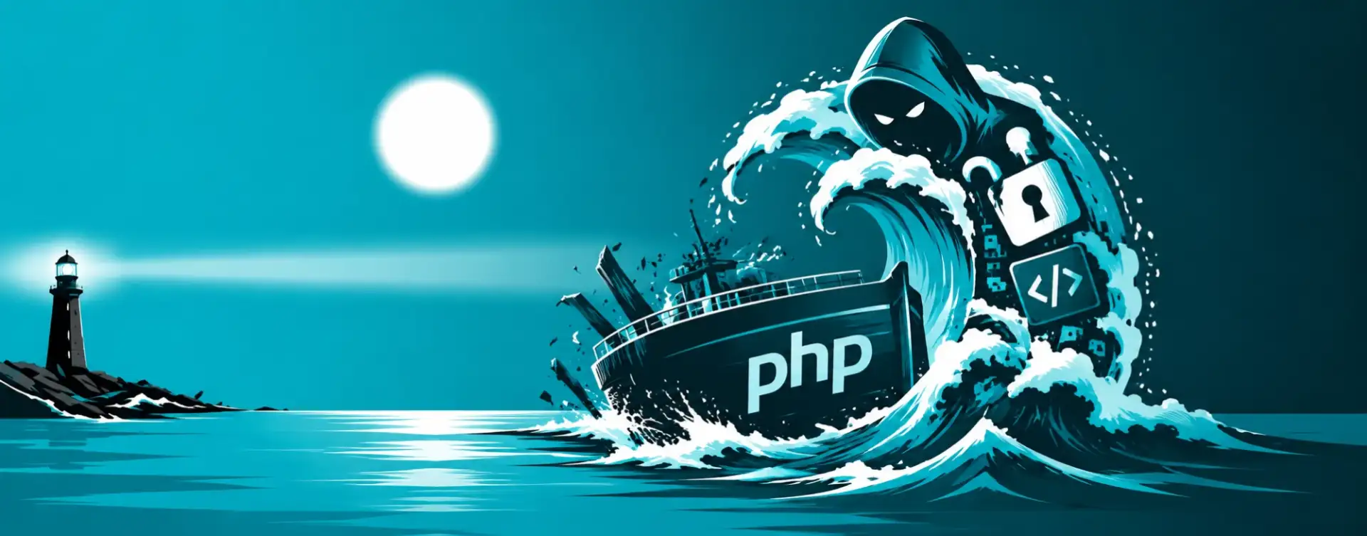 Illustration: Eine Welle mit einer vermummten Gestalt bricht über ein Schiff mit der Aufschrift PHP, im Hintergrund ein Leuchtturm