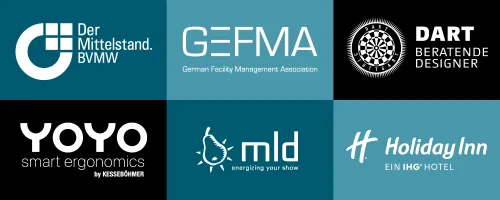 Logos der Partner des Webforums Hybrid Office: Der Mittelstand BVMW, GEFMA, DART, YOYO, mld und Holiday Inn