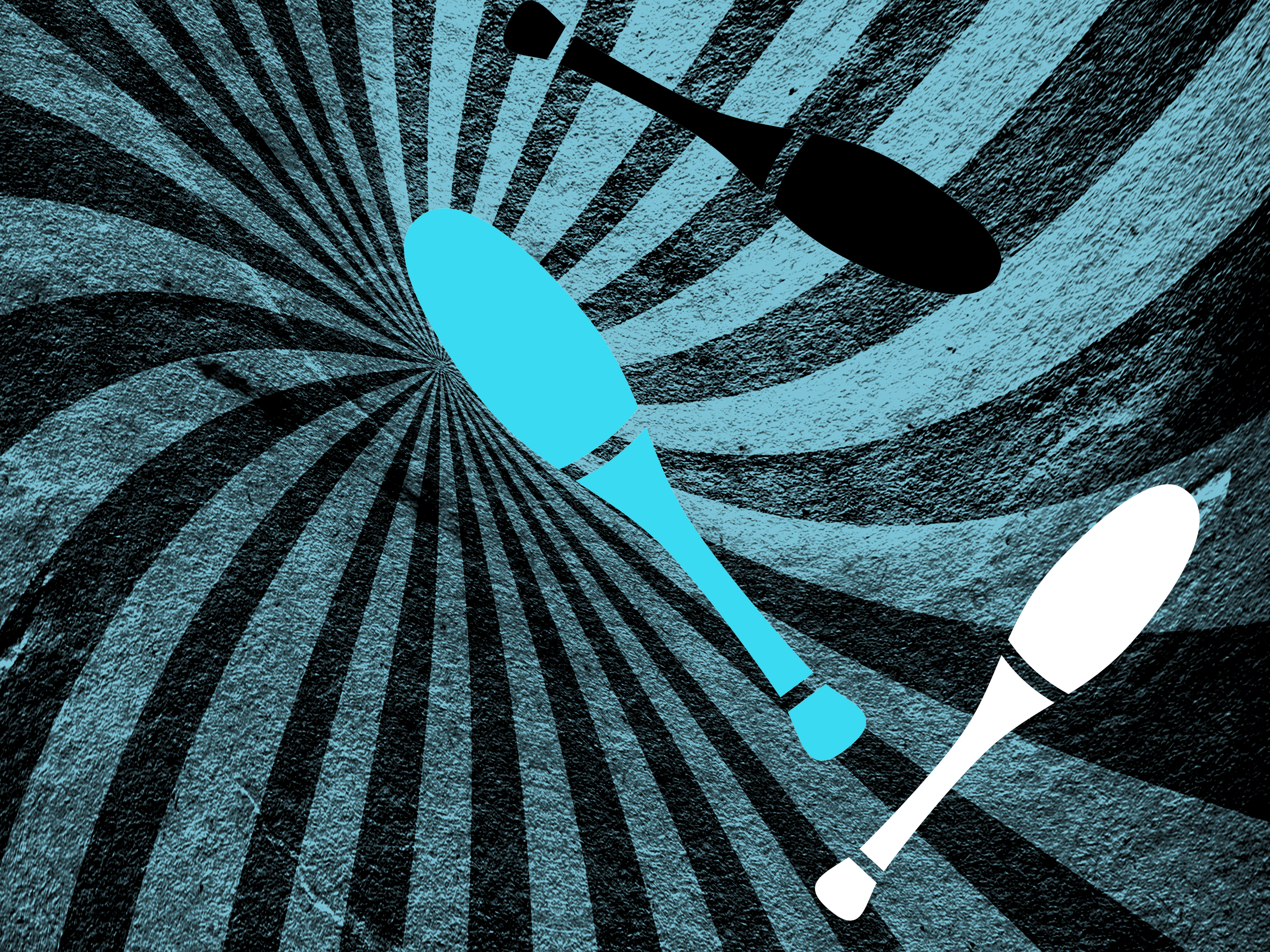 Schachfiguren in 3 Farben stehen auf einem Schachbrettmuster verteilt