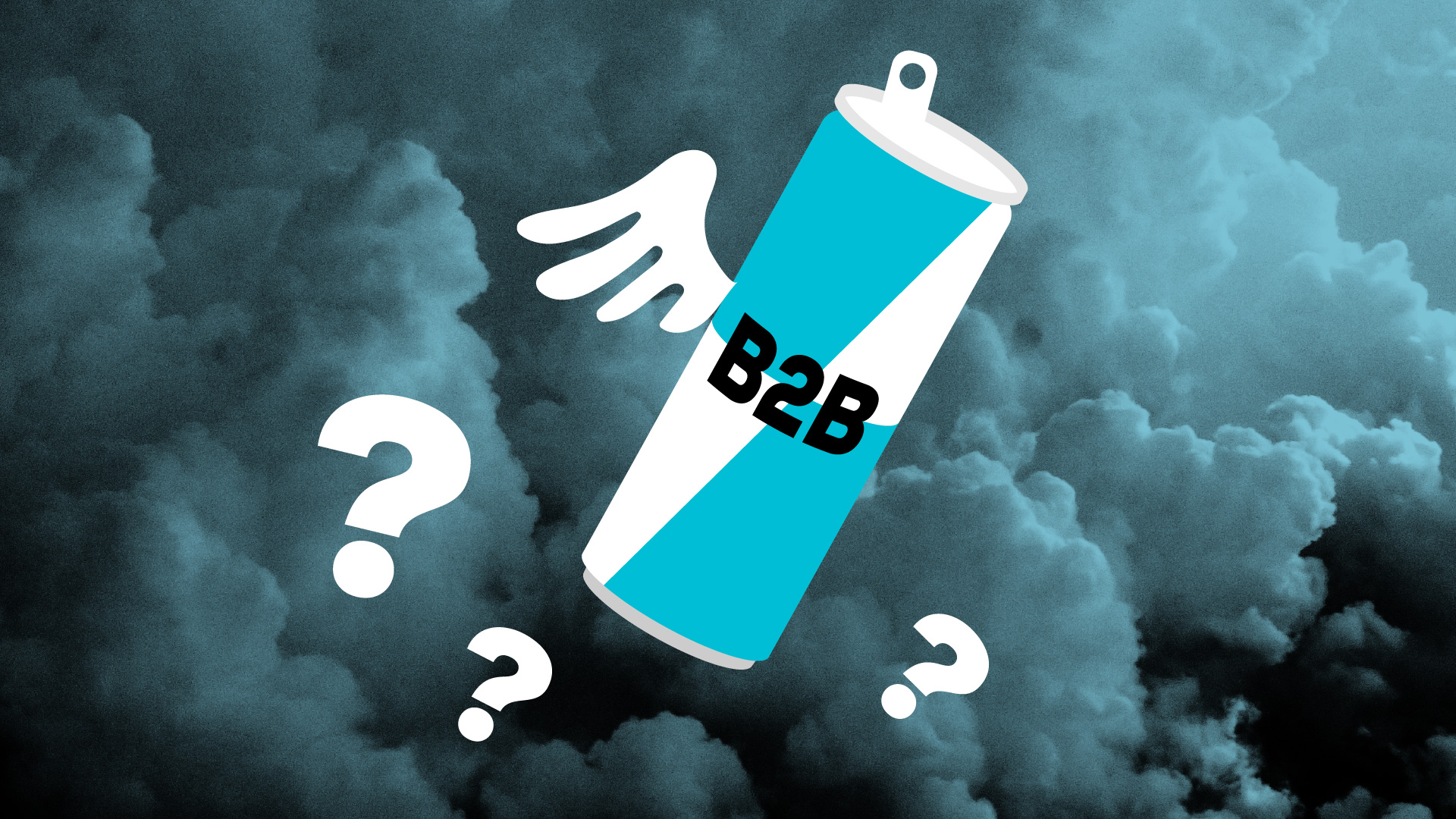 Eine Dose Energydrink mit Flügeln und der Aufschrift B2B fliegt durch die Wolken