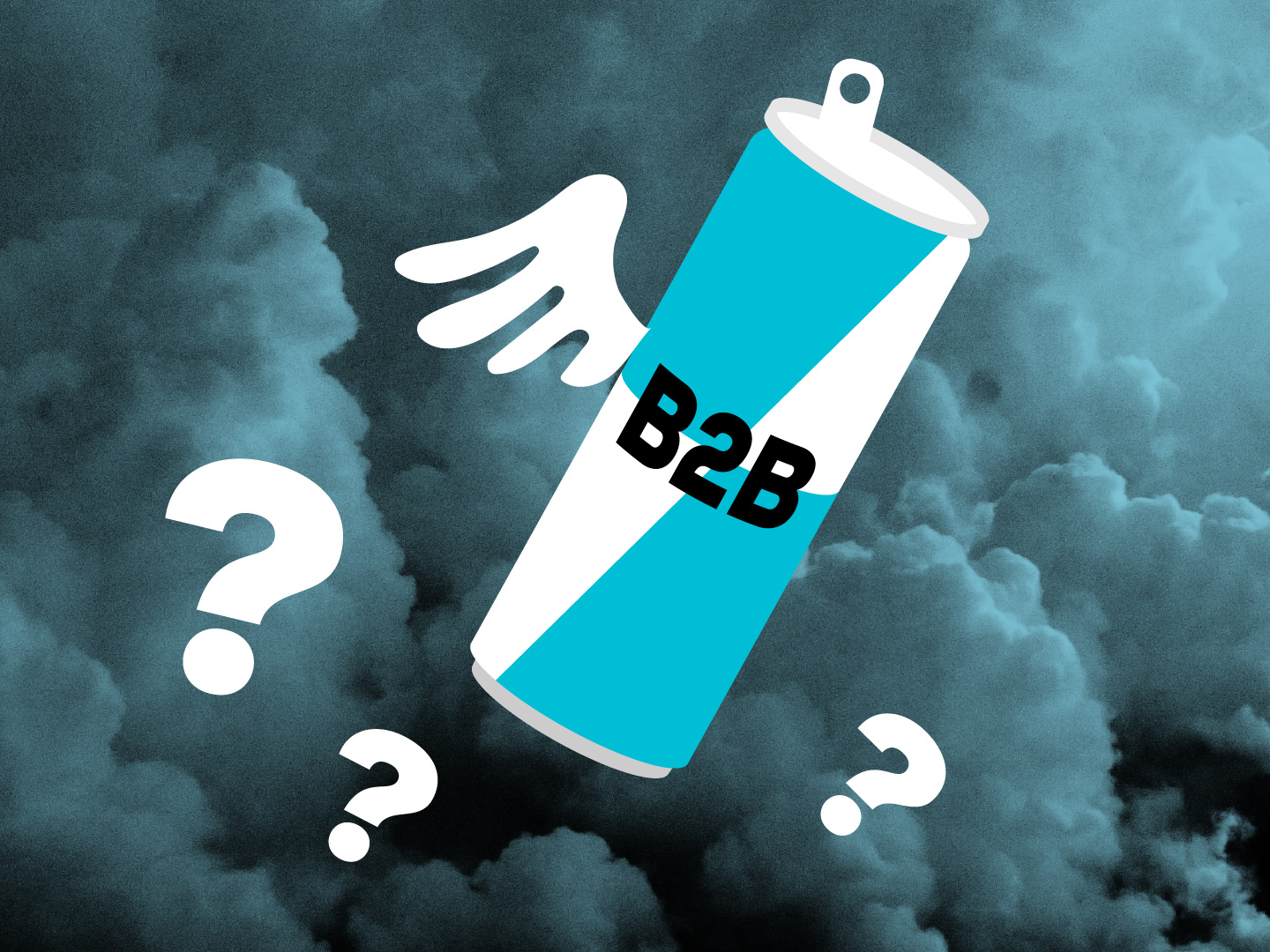 Eine Dose Energydrink mit Flügeln und der Aufschrift B2B fliegt durch die Wolken