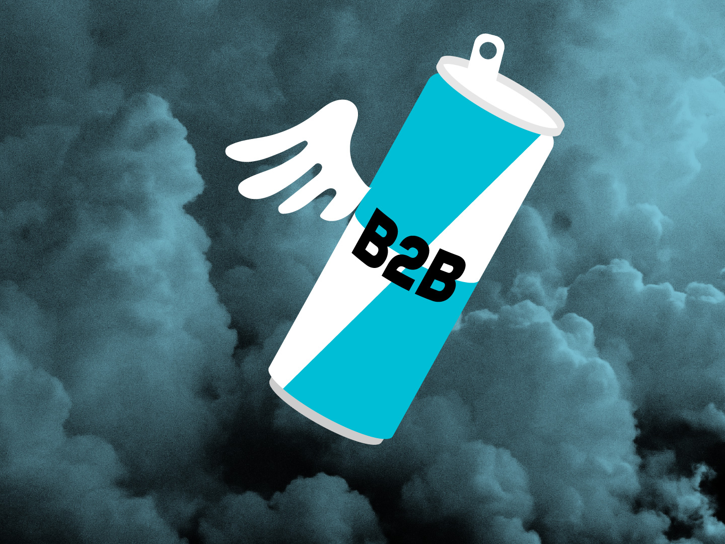 Eine Dose Energydrink mit Flügeln und der Aufschrift B2B fliegt durch die Wolken