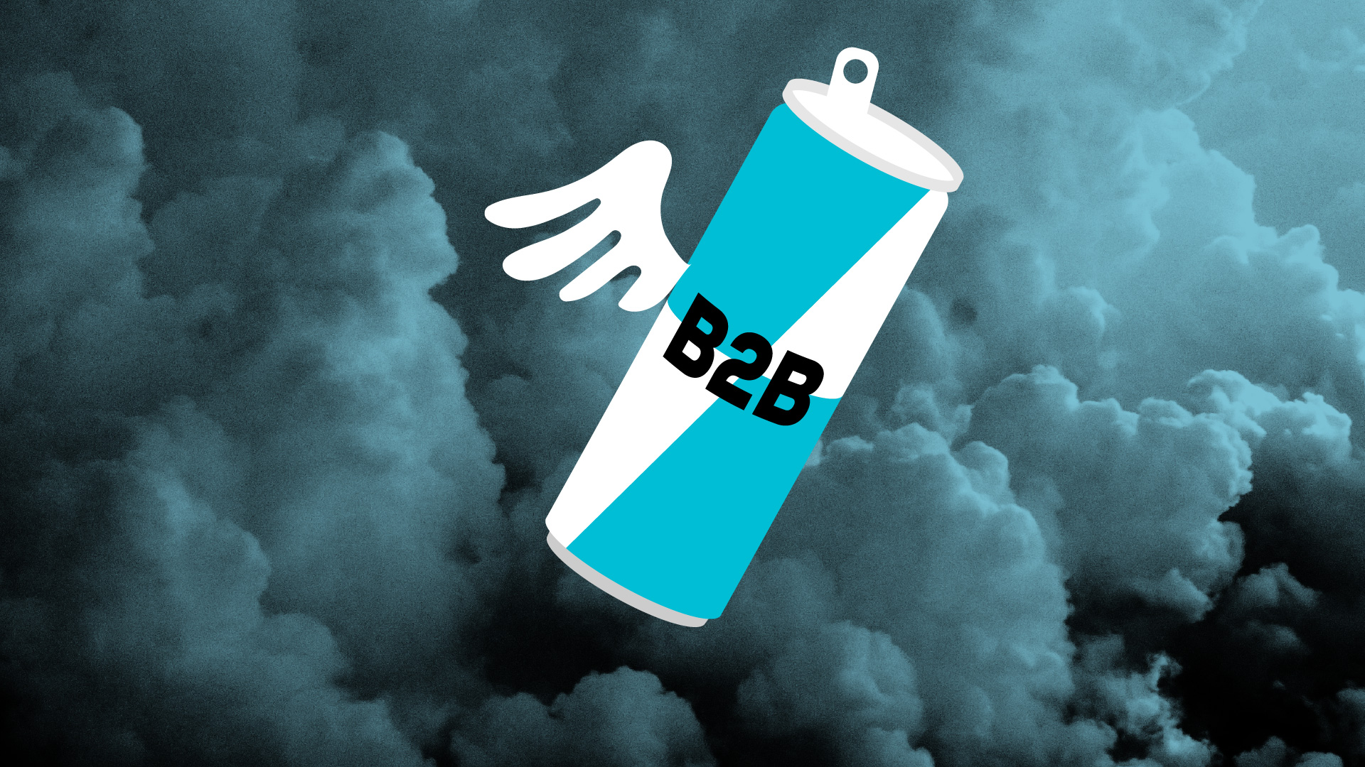 Eine Dose Energydrink mit Flügeln und der Aufschrift B2B fliegt durch die Wolken