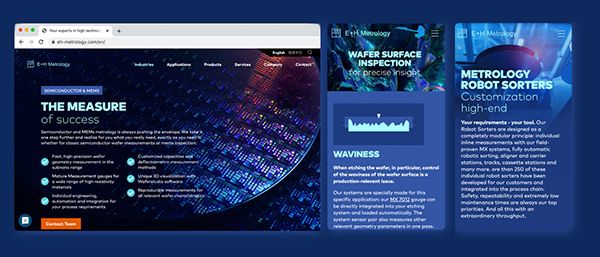 Screenshot Webseite E+H mit technischen Texten und Grafiken zu Messtechnik und Robotersortierung auf blauem Hintergrund