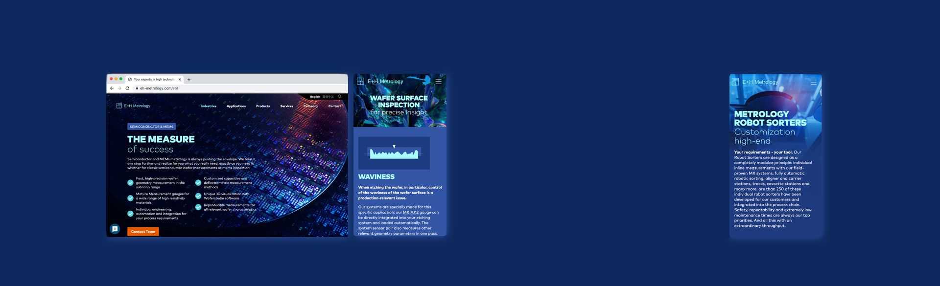 Screenshot Webseite E+H mit technischen Texten und Grafiken zu Messtechnik und Robotersortierung auf blauem Hintergrund