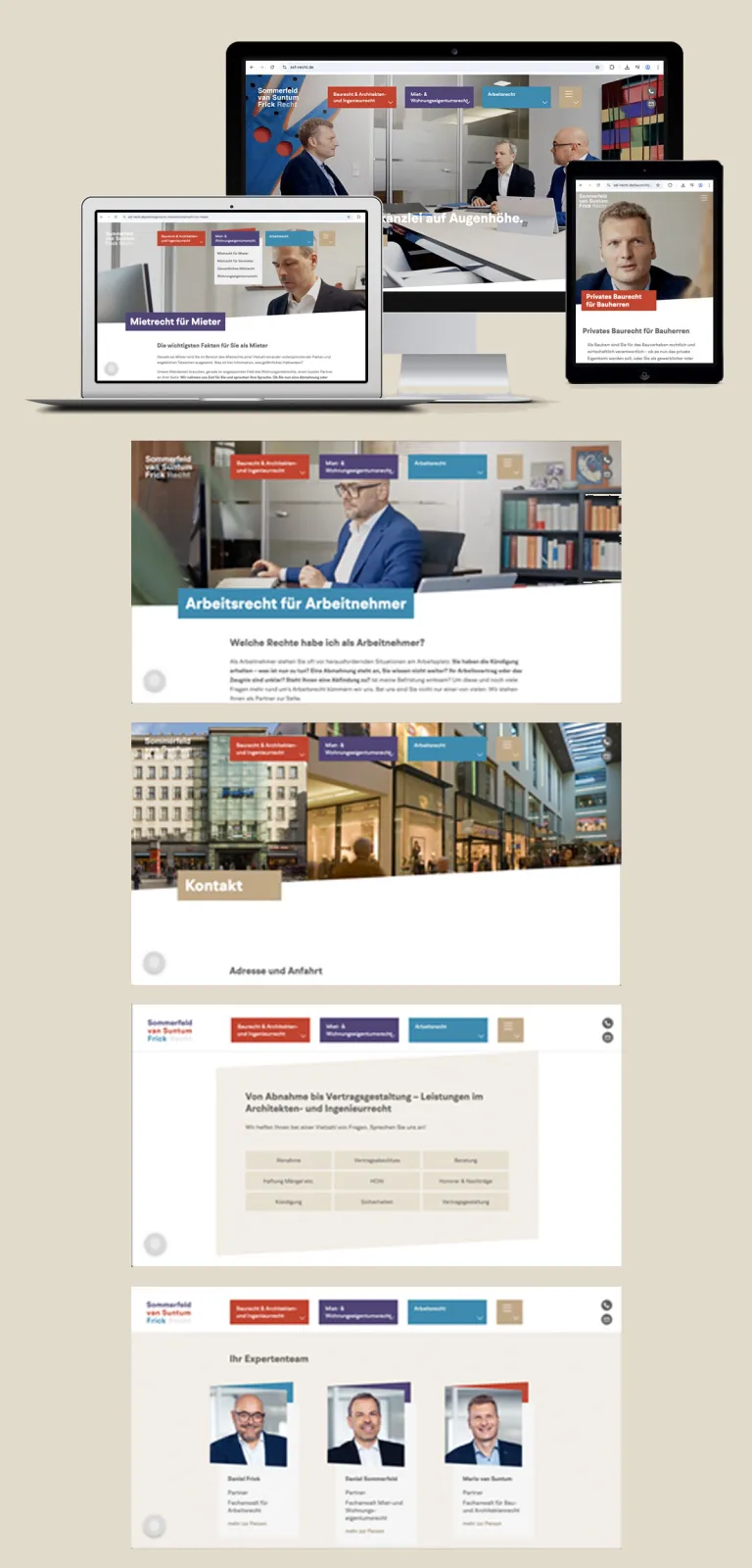 Drei verschiedene Bildschirme zeigen eine Website mit Porträts von Personen und Texten zu Mietrecht und Baurecht in einem modernen Büro.