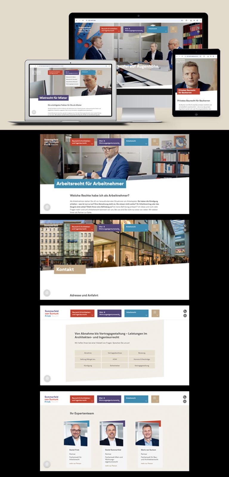 Drei verschiedene Bildschirme zeigen eine Website mit Porträts von Personen und Texten zu Mietrecht und Baurecht in einem modernen Büro.