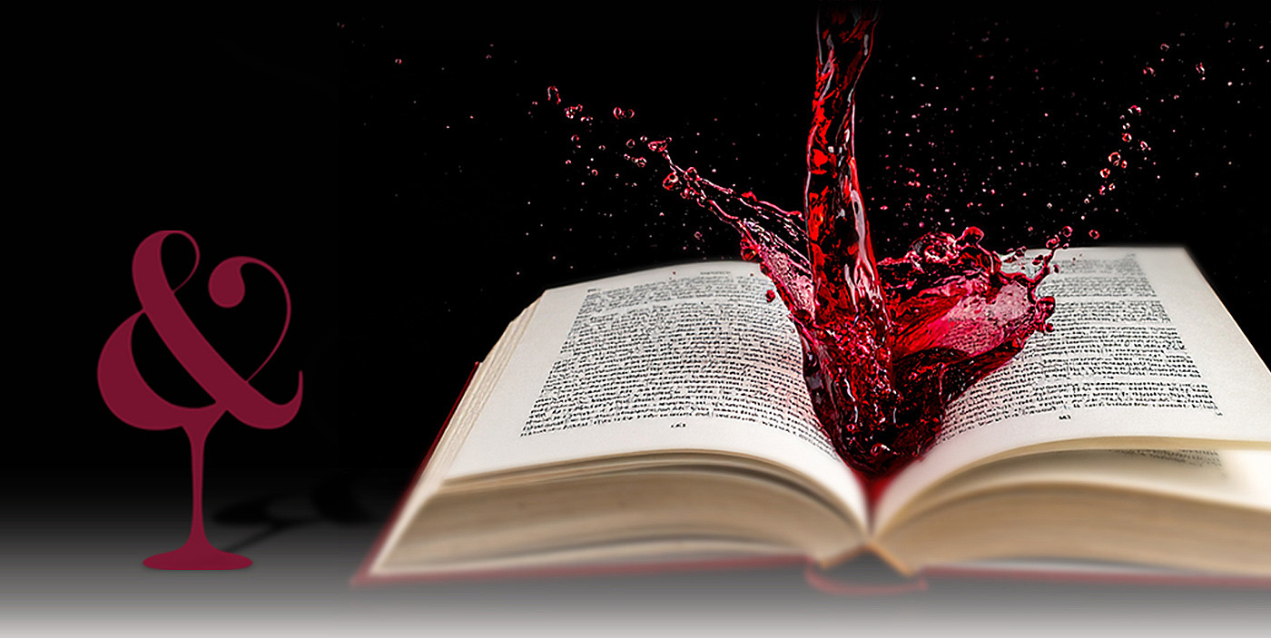 Offenes Buch mit spritzender roter Flüssigkeit auf den Seiten vor schwarzem Hintergrund - DART