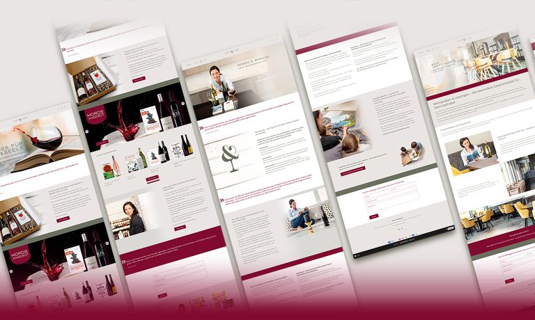 Mehrere geöffnete Webseiten mit Weinflaschen, Weingläsern, Personen und Texten in einem modernen Layout - DART