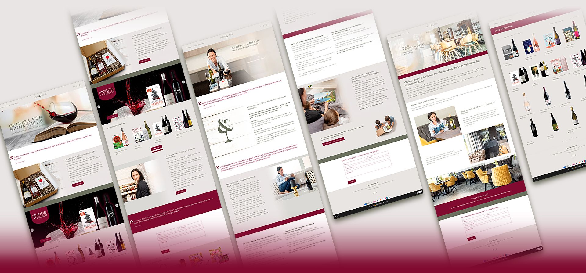 Mehrere geöffnete Webseiten mit Weinflaschen, Weingläsern, Personen und Texten in einem modernen Layout - DART